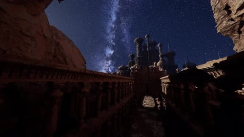 A Building with Pillars and a Bridge at Night
