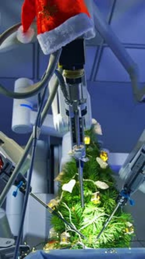 Artificial intelligence robot decorating Christmas tree while preparing to the holidays