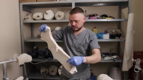 Man Creates Medical Cast in Brightly Lit Workshop