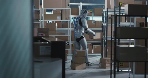 Cybernetic Future Robot Worker Carrying Parcel Delivery Carton Boxes Inside Delivering Workshop
