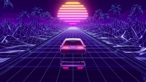 Loop Car and Background Neon Retro Wave 80s Style