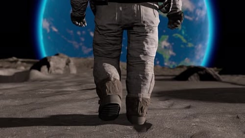 Astronaut Walking on Lunar Surface with Blue Planet Earth
