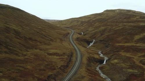 Drone view of an empty road in the mountains, wild place. Empty street.