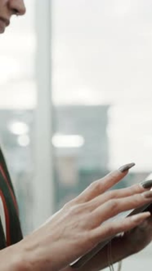 Scroll, research and hands with tablet, office or woman with story on website