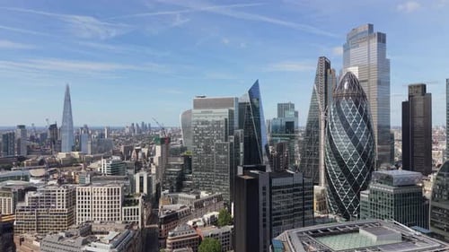 Aerial view of the City of London skyline, United Kingdom.