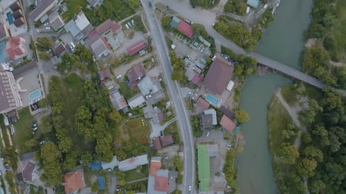 Video Filming From a Drone of a Village on the River Bank