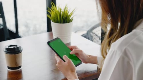 Happy Female Lifestyle Sitting in Cafe Near Window She Cellphone on Mobile Phone
