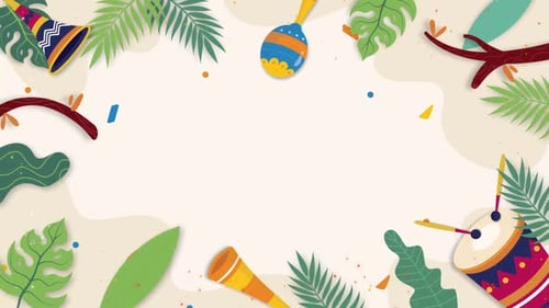 Vibrant Carnivale Music Instruments and Tropical Leaves Frame