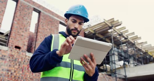 Construction, tablet or man on site with thinking, operation plan or building review in task brief