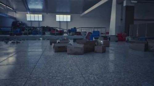Abandoned Airport Terminal with Scattered Luggage and Forgotten Boxes