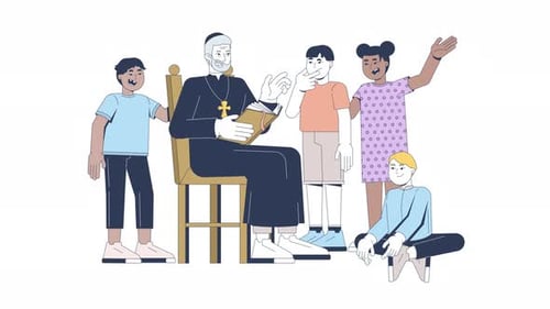Animated Flat Design Illustration: Religious Education with Priest and Children