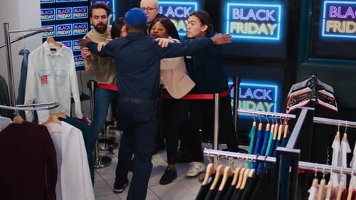 Anxious Clients Push Guard at Store