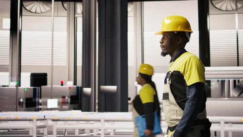 Man Walking in Industry 40 Plant Taking Note of Modifications to Make