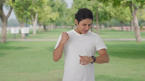 Young Adult Talking and Gesturing in an Urban Park