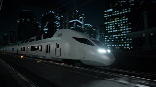 Tren bala de alta velocidad que se mueve de noche en una ciudad moderna