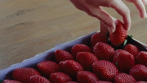 Fresh, Red Strawberries in a Container on a Table