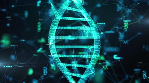 Futuristic Dna Helix Structure With Digital Data Visualization Elements