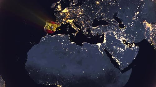 Realistische digitale Erdumlaufbahn und Zoom, leuchtende Landesflagge, eingebettet in die Grenzen Spaniens