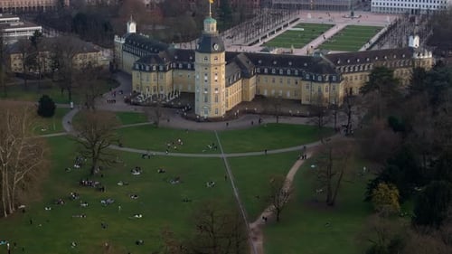 Tripod Aerial Shot of City of Karlsruhe in Germany Cityscape View with Mix of Historic Buildings and