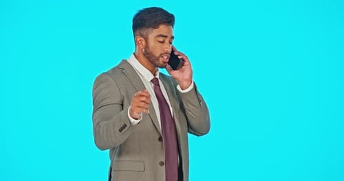 Phone call, talking and business man in studio isolated on a blue background mockup
