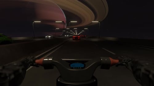 A Motorcycle Rides Along a Space Highway Synthwave Style