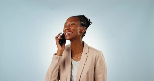 Phone call, happy and black woman in studio for communication, talking or discussion on cellphone