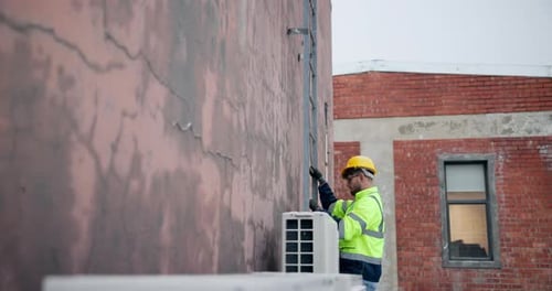 Construction, building and man climbing ladder for maintenance, hvac installation or inspection