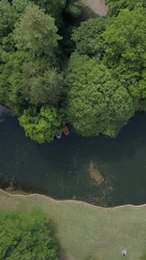 Vertical Video Above Green city Park. Boats in the Lake and Green Trees Forest