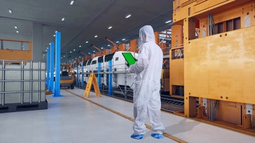 Full Body Back View Of Asian Male Scientist Use Green Screen Tablet, Train Service