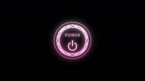 Animation d'appui sur le bouton d'alimentation avec anneau lumineux et symbole d'alimentation sur fond transparent.