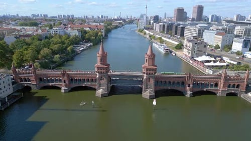 Summer day east west Berlin Border River Bridge Germany. Nice aerial top view flight descending dron