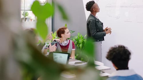 Presentación, planificación y gestión de proyectos con empresarios en reunión para la puesta en marcha