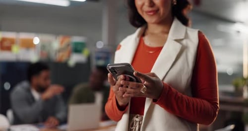 Phone, networking and hands of businesswoman in office with communication, social media or contact