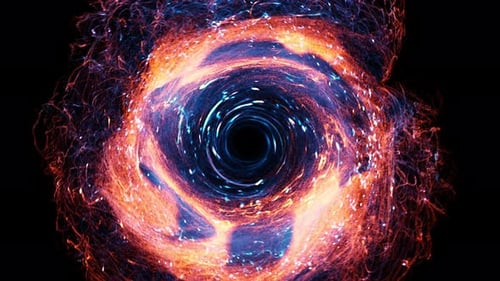 Cosmic Vortex Swirl : anneau lumineux énergétique bleu et rouge avec un centre noir