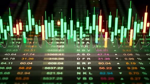 3D loop of glowing green and red candlestick charts over market data.