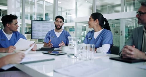 Talking, meeting and doctors in hospital, documents and conversation with schedule