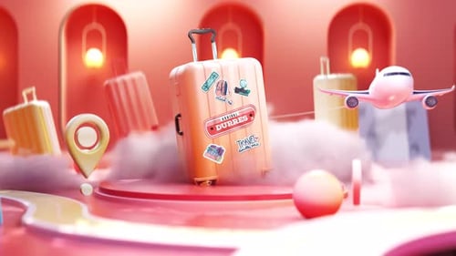 Animated 3D Travel Concept with Suitcase, Map, and Airplane