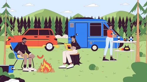 Flat Design Camping Adventure with Friends and Caravan