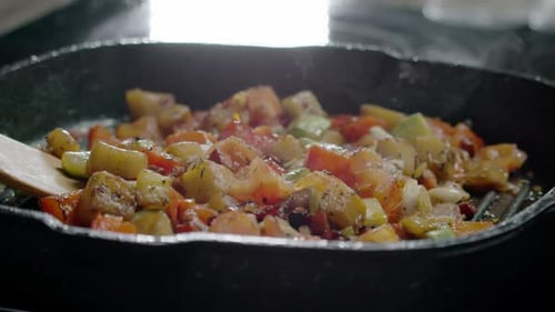 Vibrant Vegetables Stir Fried in Cast Iron Skillet