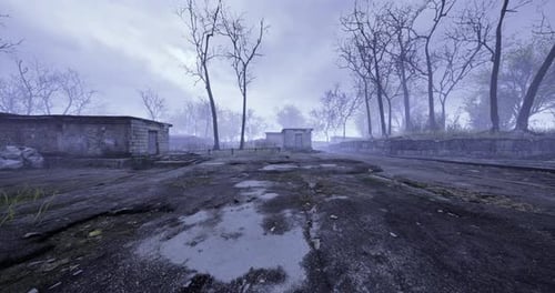 Atmospheric Flight Through Desolate Forest Road with Abandoned Buildings