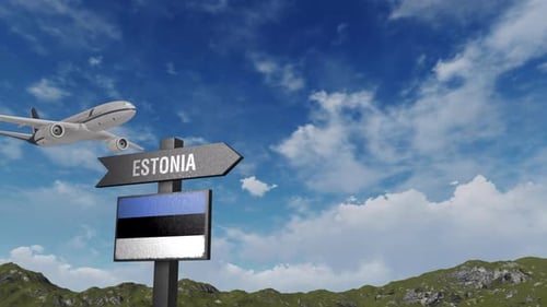 Estonia Country Flag Signpost and Airplane Travel Animation