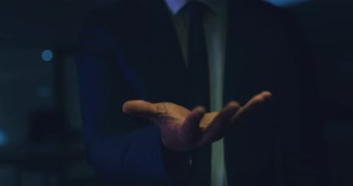 IT Hologram, digital and businessman hand with futuristic, scifi and cyberpunk