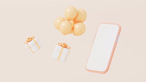 Celebration Elements with 3D Rendered Smartphone, Gifts, and Balloons