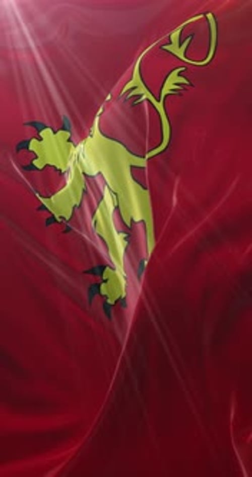 Vertical Waving Red Flag with Golden Lion Emblem