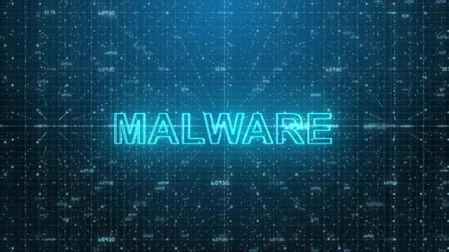 Malware Text on Futuristic Cyberspace Background. 3D Grid and Binary Numbers.