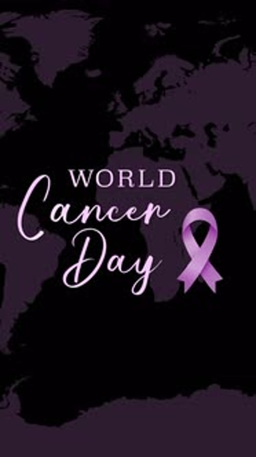 Handwritten World Cancer Day text animation with particle writing effect and world map