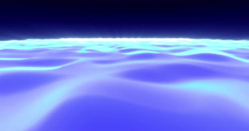 Abstract background of blue hills and waves of shiny digital hi-tech road with glowing sun rays. Scr