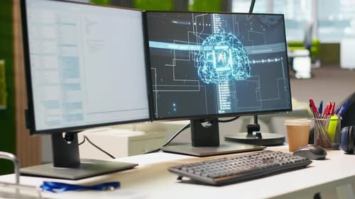 Advanced AI Algorithms Running on Computer Monitors in Empty Startup