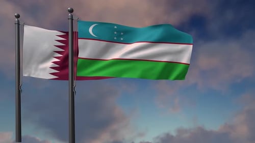Waving Flags of Qatar and Uzbekistan Countries Loop Animation