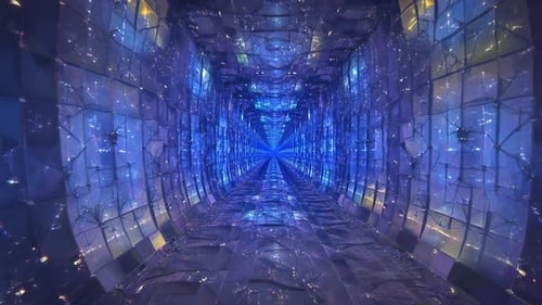 Futuristic Blue Sci-Fi Tunnel with Glowing Grid Patterns